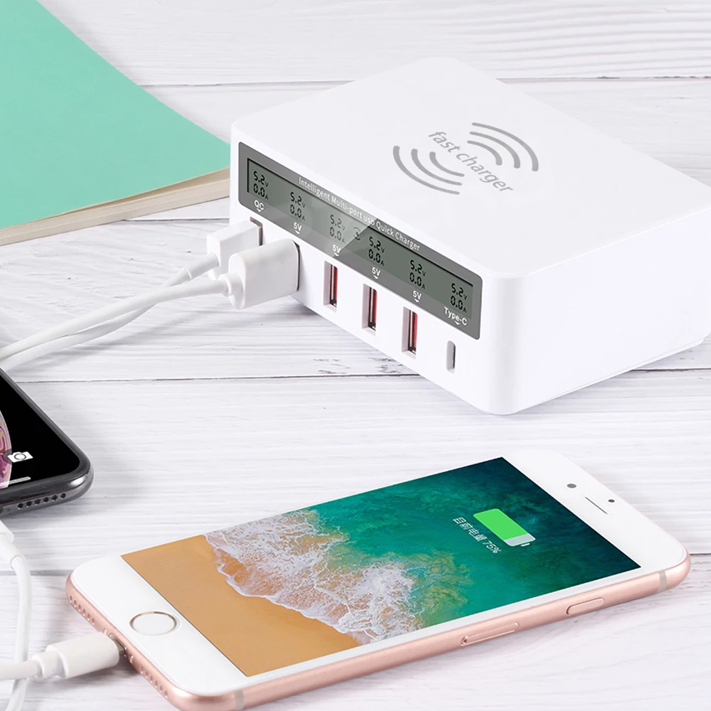 6 в 1 беспроводная зарядная станция Qi 40 Вт QC3.0 Тип C Непрерывный адаптер Usb Intelligente