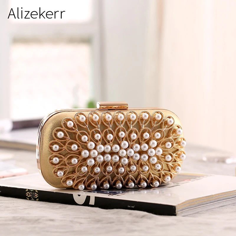 Ladies Pearl Evening Clutch Bags Gold Silvery Hard Box Chain Beaded Dinner Bag Women Small Phone Purse For Wedding Party |