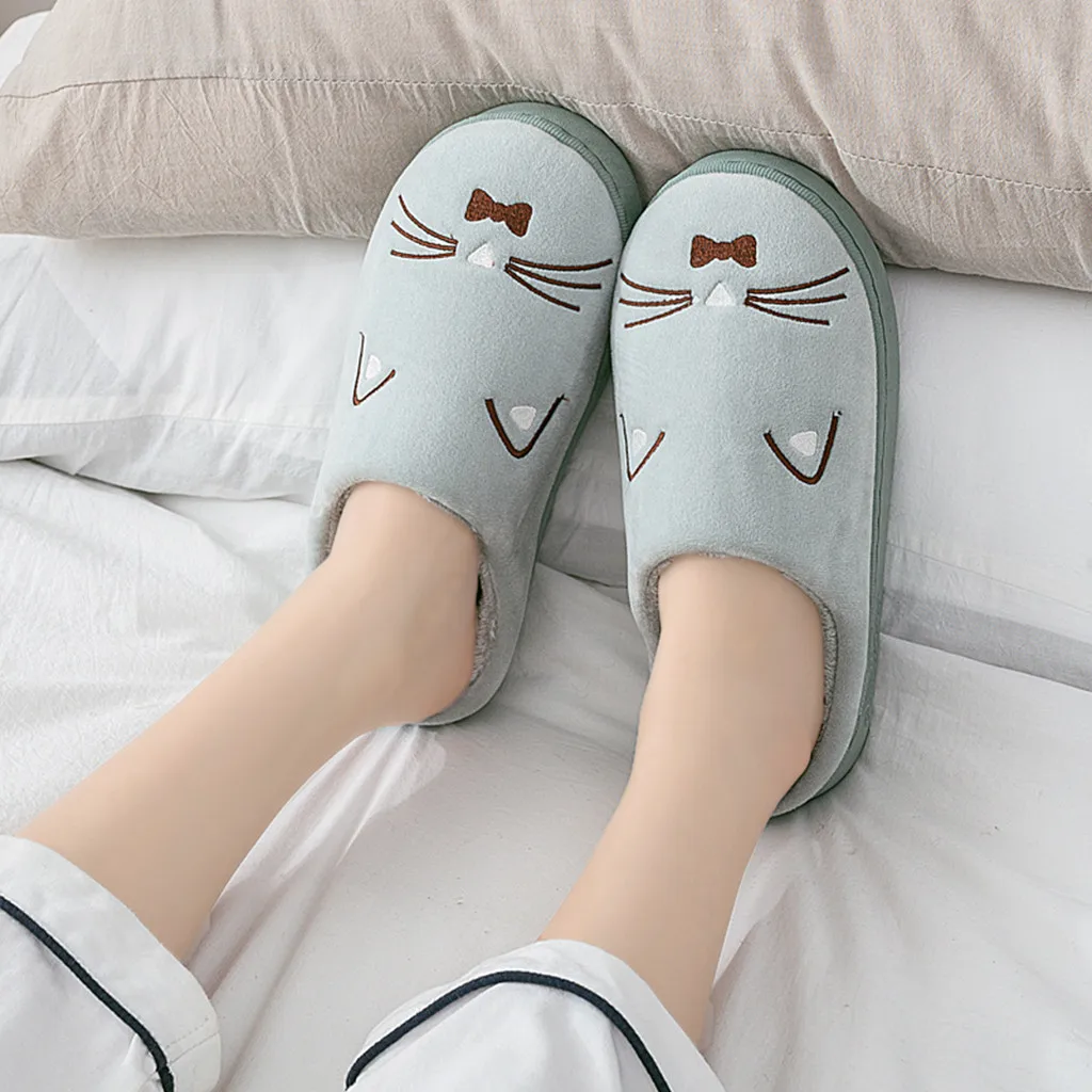 Женские и мужские теплые Нескользящие домашние тапочки с мультяшным котом