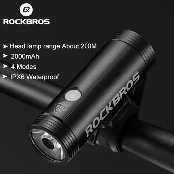 

ROCKBROS Rainproof USB Rechargeable Bike Light LED 2000mAh MTB Bicycle Headlight Aluminum Ultralight Front Lamp Flashlight