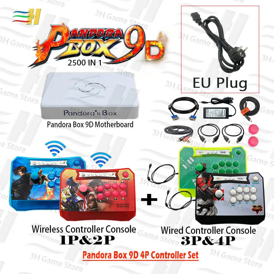 Pandora Box 9D 4 игрока контроллер Набор беспроводной 1P& 2P и проводной 3P& 4 P бой аркадная палка консоль 2500 В 1 есть 3d игры tekken - Цвет: 4P BlueRedSfGreen EU