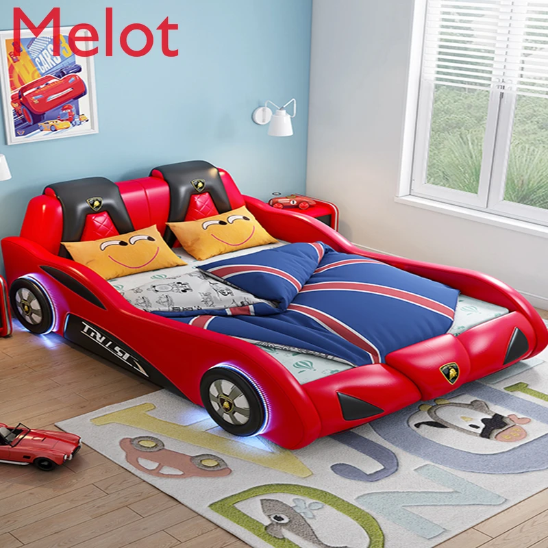 高級カスタム子供の車のようなベッドシングルベッドの漫画革ベッド少年少女ガードレールベッドステッチ人格ベッド Storage Holders Racks Aliexpress