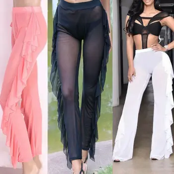 

Women Sheer Pants Leg Semi See-through Long Leggings Mesh Wide Leg Sexy Mesh Ruffles Sheer Wide Leg Pants Beach Bikini Cover Up