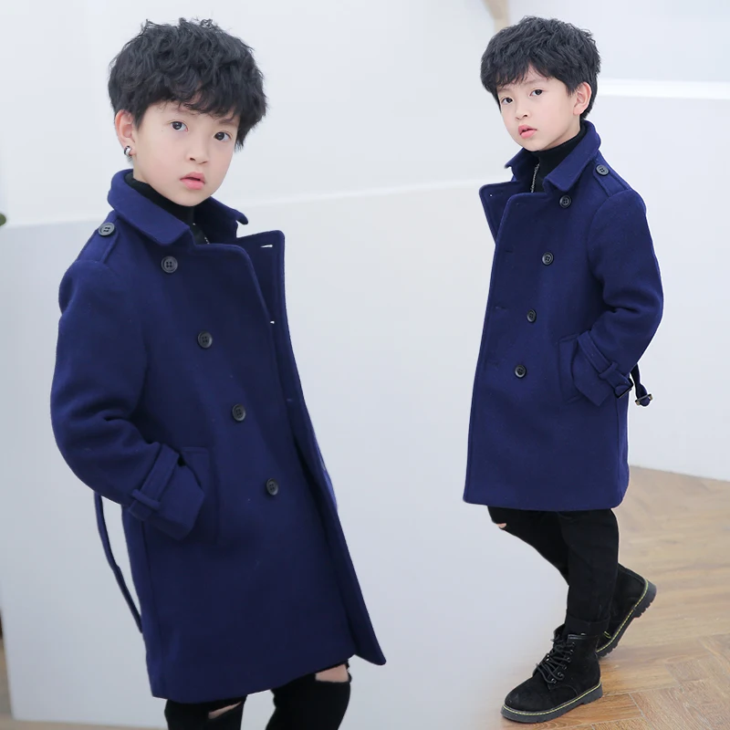 navy blue Шерстяное пальто с поясом для мальчиков от 4 до 14 лет, Утепленные зимние куртки официальная детская одежда для детей, пальто - Цвет: navy blue