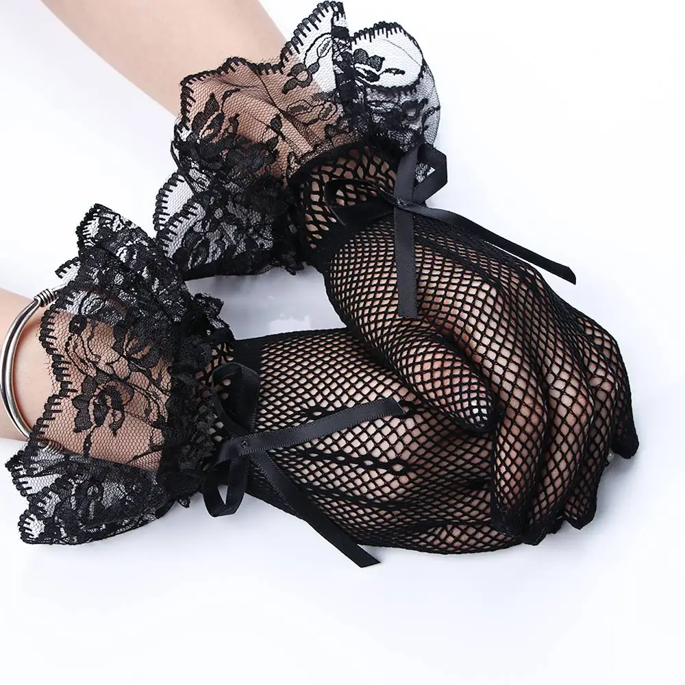 Ladies Elegant Short Lace Gloves New Sheer Fishn Net Black White Prom Party Gloves Female's Fashionable Soild Color Mittens