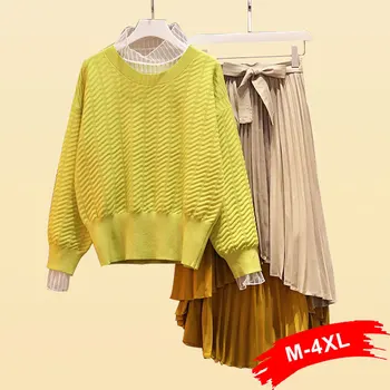 

Plus Size Women Mesh Pathworked Yellow Knitting Sweater With High Low Asymmetric Pleated Mid Long Skirts 2 Pieces Sets 3XL Suits