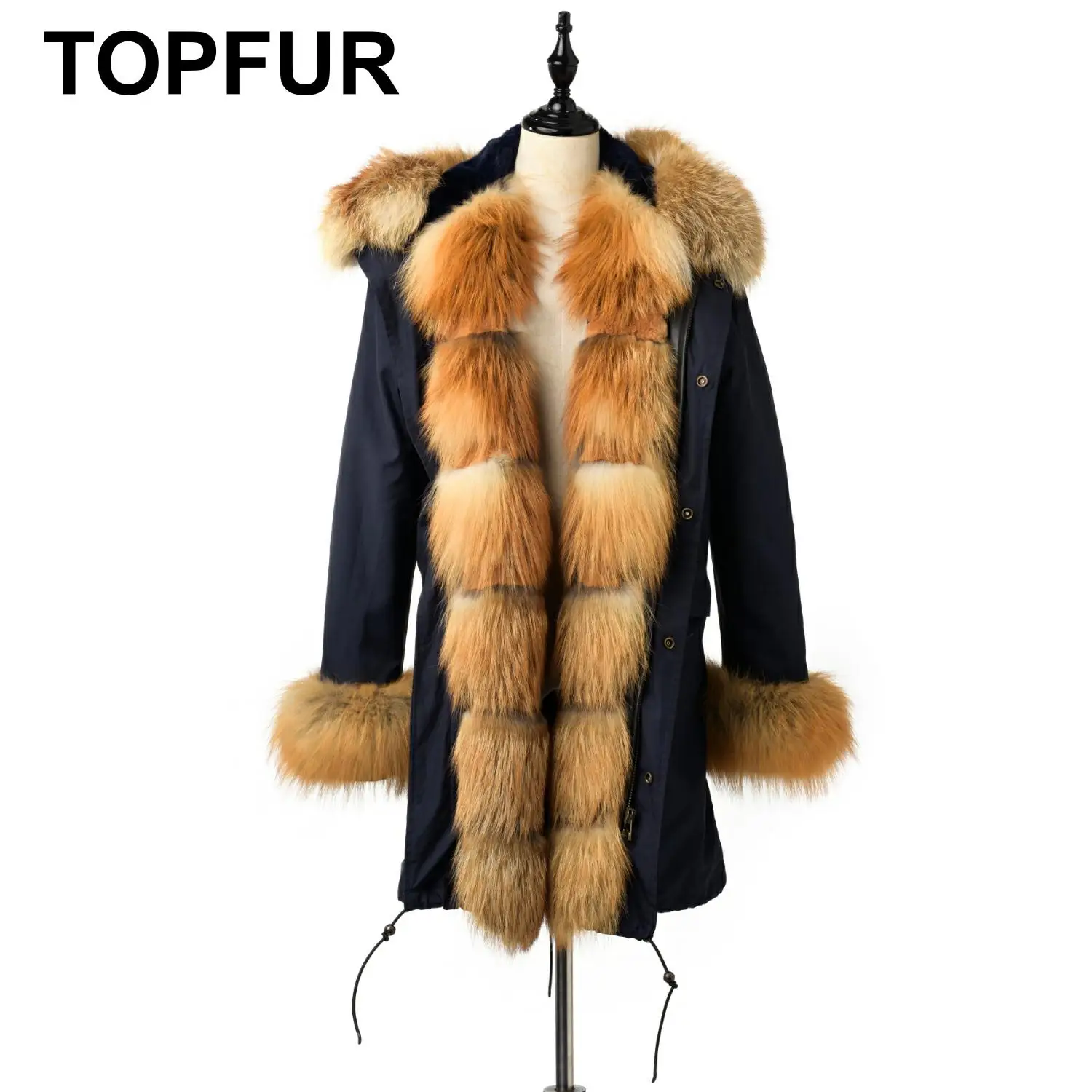 Женская парка с капюшоном TOPFUR куртка темно синего цвета из натурального меха