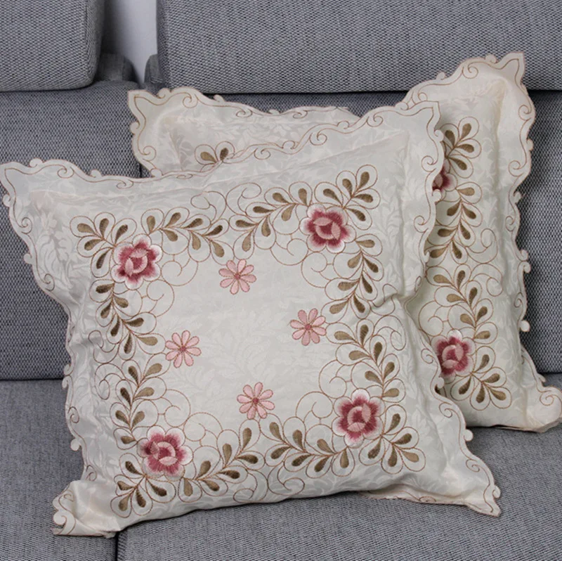 

European Pastoral Floral Embroidered 45x45cm Cushion Cover Pillowcase Sofa Couch Embroidery Pillow Cover with Elegant Lace