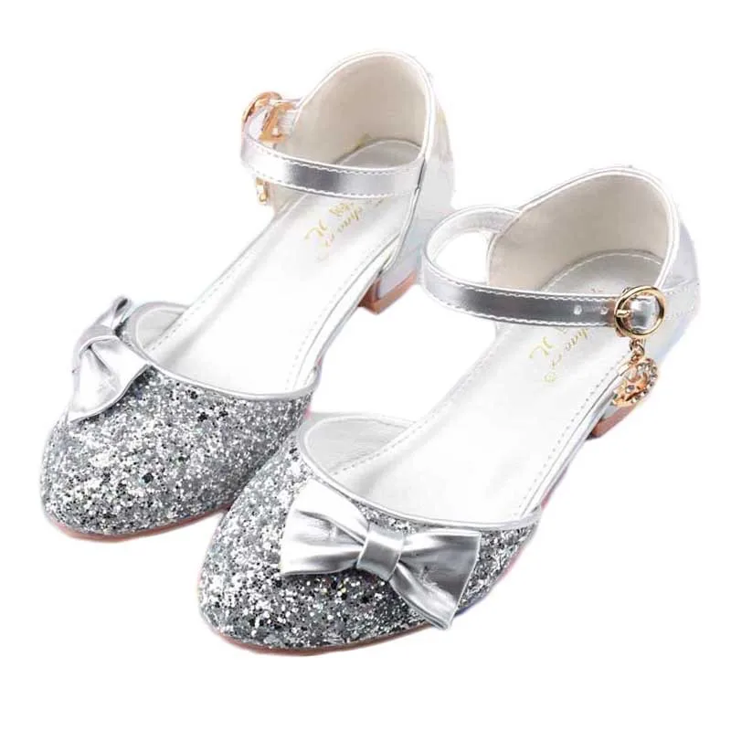 Модная детская обувь на каблуках с блестками; сандалии для больших девочек; детская обувь; летняя танцевальная обувь принцессы с бантом; кожаная обувь; размеры От 3 до 12 лет