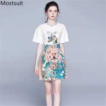 

Runway Fashion Printed Two Piece Sets Women White Printed Tshirt + High Waist A-line Mini Skirt Suits Elegant Vintage Sets 2020