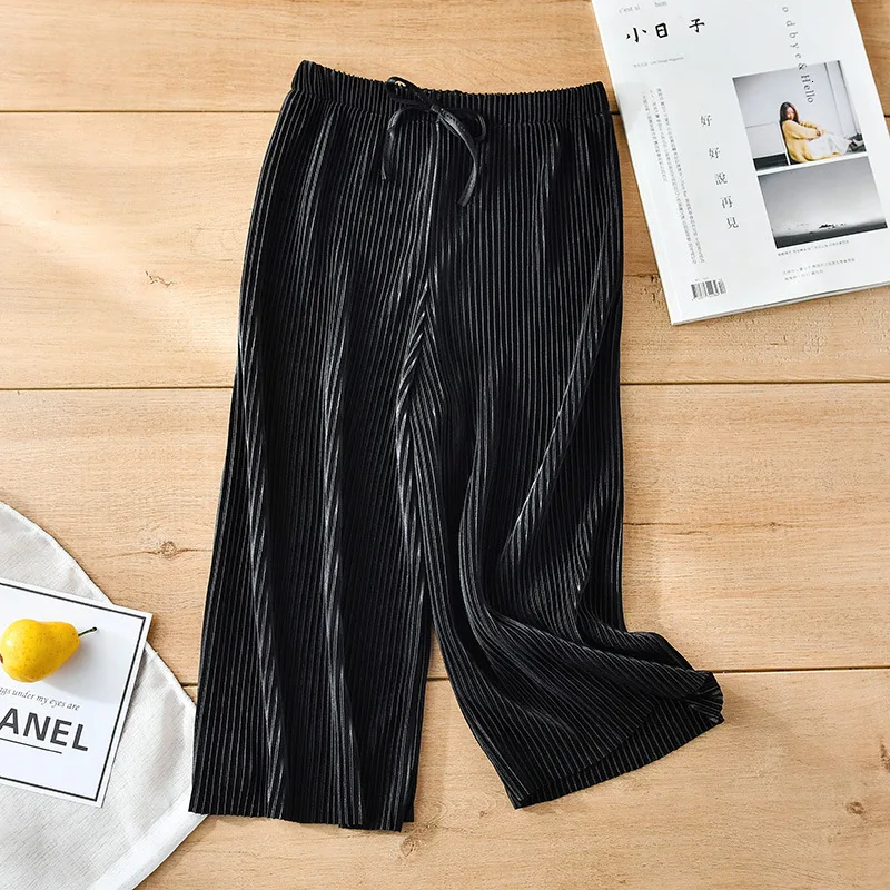 Girls Pants New Pleated Wide Leg Girls Loose Casual Pants Chiffon Trousers Ice Silk Nine Points Pants Girls Ruffle Pants