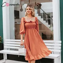 Conmoto elegant vintage อิฐผู้หญิง twist หญิง party night ยาว retro ruffles สุภาพสตรี vestidos(China)