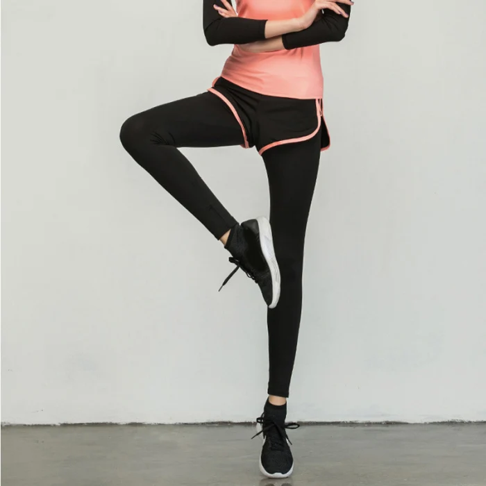 Поддельные двухкомпонентные спортивные штаны для женщин с высокой талией, быстросохнущие Стрейчевые женские леггинсы для фитнеса, тренировок, бега, спортивные штаны