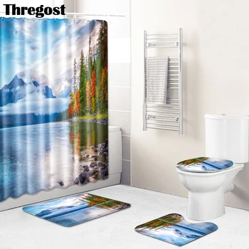 

Thregost Water Absorbing Bath Mat Microfiber Shower Tub Mats Set 3pcs with Shower Curtain Non Slip Flannel Rug Toilet Carpet Set