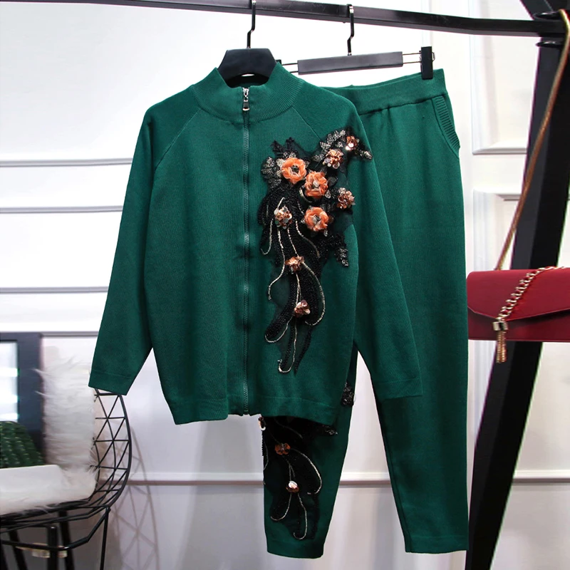 Высокий уличный стильный осень зима подиумная Женская шикарная Цветочная аппликация кардиган на молнии+ брюки комплект