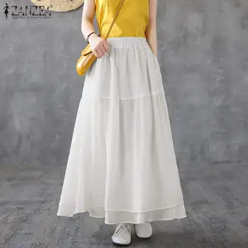 

ZANZEA Women Elastic Waist Solid Long Skirts Summer Skirts Jupe Bohemian Beach Skirts Faldas Saia Female A-line White Skirt 5XL