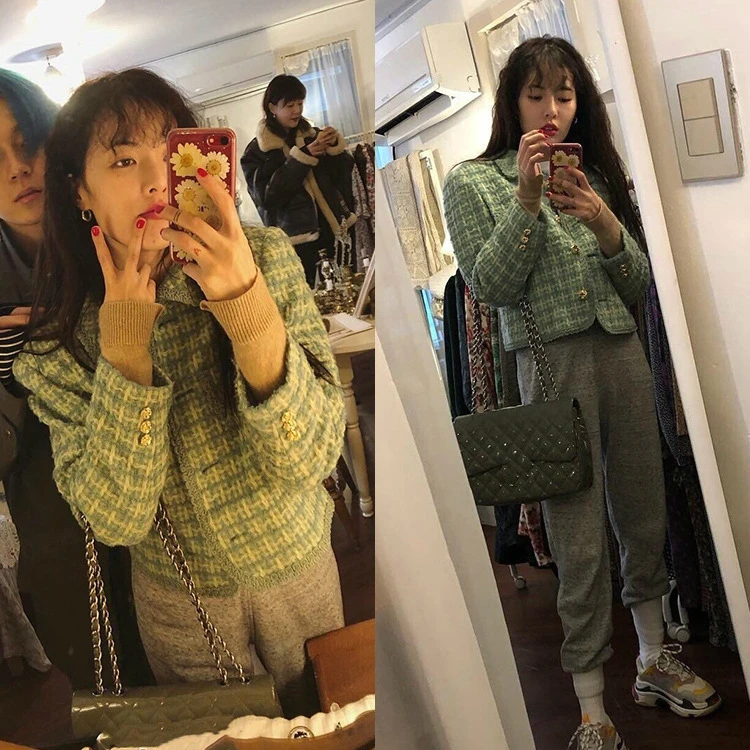 Kpop 4Minute Kim Hyun такой же зеленый лацкан твидовый плед короткая куртка пальто Женская Осенняя уличная мода тонкий жакет женские топы