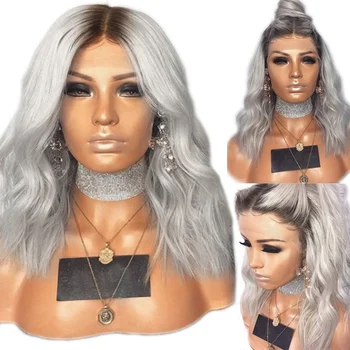 

Ombre Silver Grey Lace Front Synthetic Wig Short Curly Wavy Pre plucked Glueless Heat Resistant Hair For Women 14inch Baby Hair