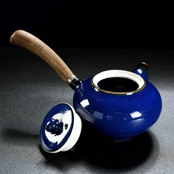 

Blue glazed ceramic household side handle teapot tea ceremony set filter wooden handle tea pot Japanese style porcelain teaware