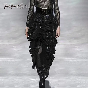 

TWOTWINSTYLE Patchwork Sequined Cascading Ruffles Skirts For Women High Waist With Sashes Elegant Skirt Female Fashion 2020 New