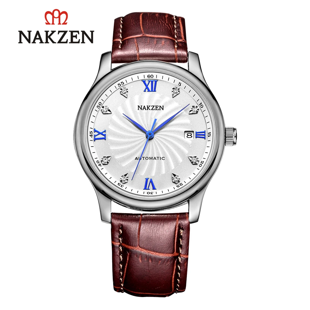 Silver Brown NAKZEN, Мужские автоматические механические часы, Япония, Move, мужские брендовые роскошные часы, сапфир, нержавеющая сталь, наручные часы, Relogio Masculino - Цвет: Silver Brown
