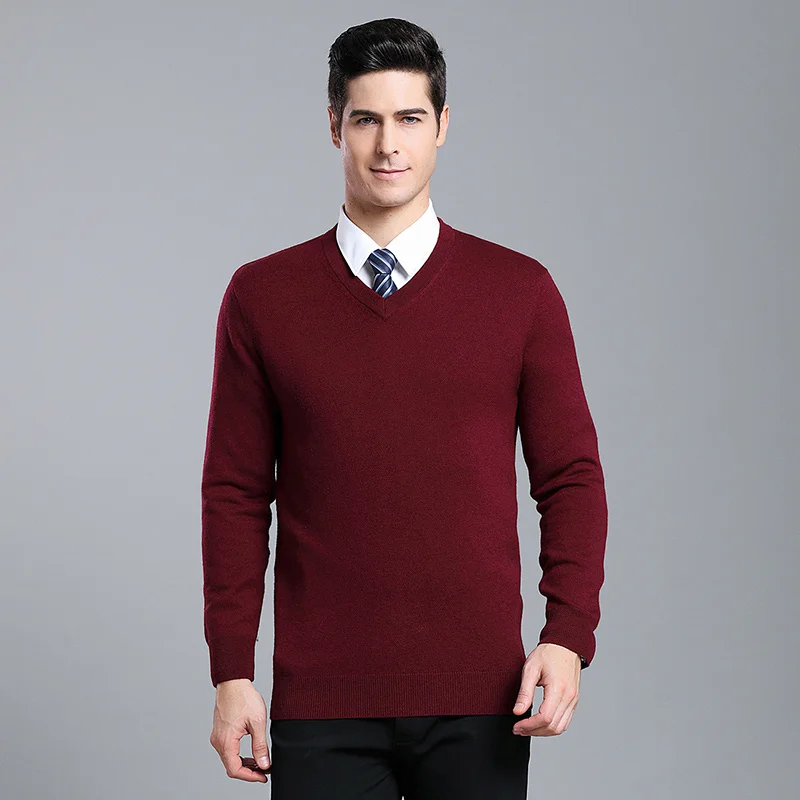 6% Wool New Fashion Brand Sweater For Mens Pullovers V Neck Solid Color Jumpers Knitwear Autumn Slim Fit Casual Clothing Male - Цвет: Красный