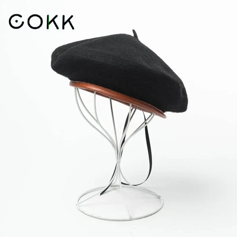 COKK зимняя шапка береты женские шерстяные из искусственной кожи с полями Теплые