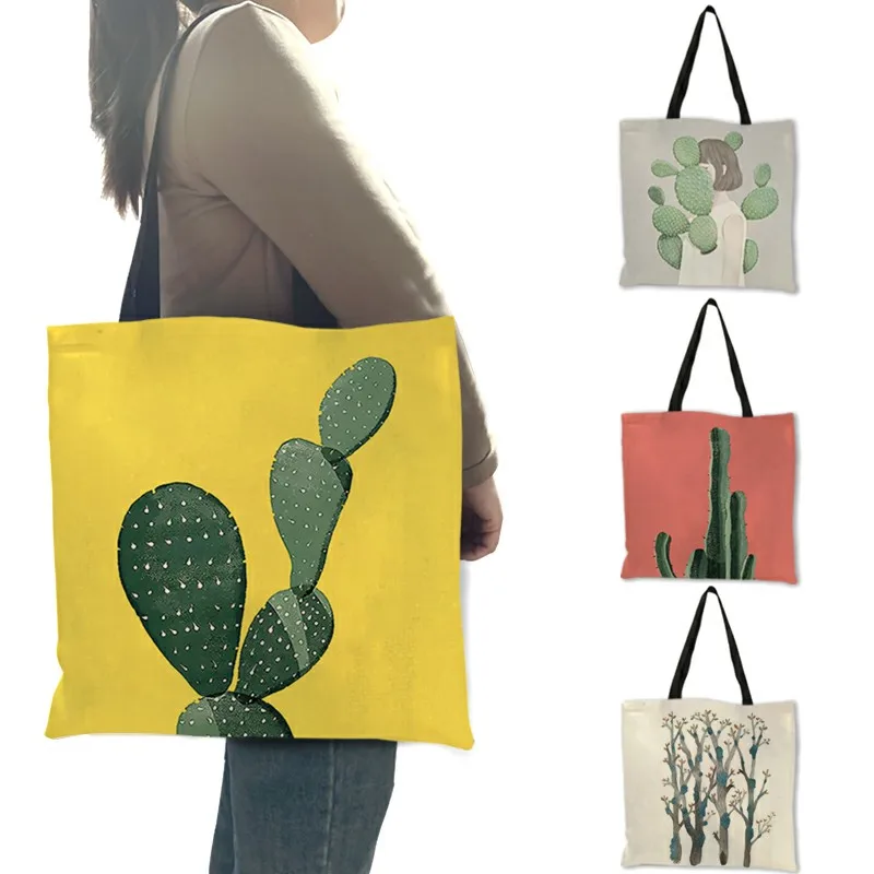 

Hot Tropical Cactus Plant Print Tote Bag For Women Folding Reusable Shopping Bags Traveling Beach School Shoulder Bags Dropship