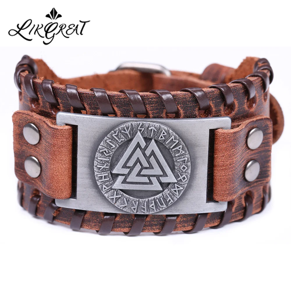 LIKGREAT славянские Норвегия Valknut амулет Кожаные браслеты с гравировкой