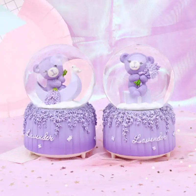 LORONZ Lavender Purple Bear Lover Music Boxes Crystal Snow Globe Music Box With Light Christmas Valentine's Day Girlfriend Gifts