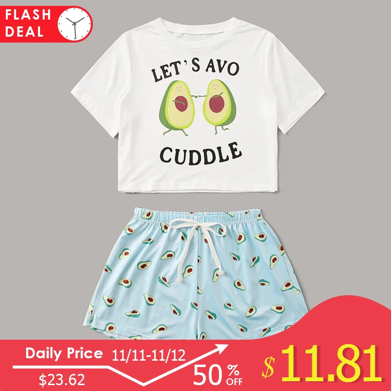 Billige Dotfashion Rundhals Print Cartoon Top Und Bogen Vorne Shorts Pyjama Set 2019 Neue Frau Kurzarm Casual Pyjama Set