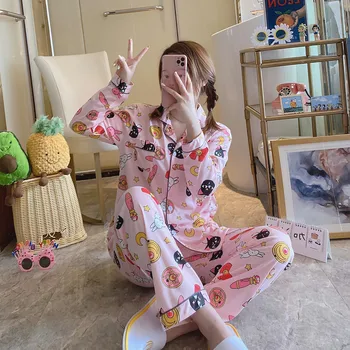 

Long Sleeved Women Pajamas Set Fashion Lovely Print Button Homewear Casual Clothes Female Long Pant Pyjamas Sets Nightwear