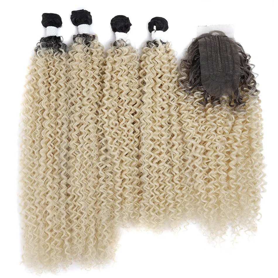 Kinky Curly Hair Bundles With Closure Synthetic Afro Curls Wave Soft Extensions Black Blonde 5PCS/Lot Full Head