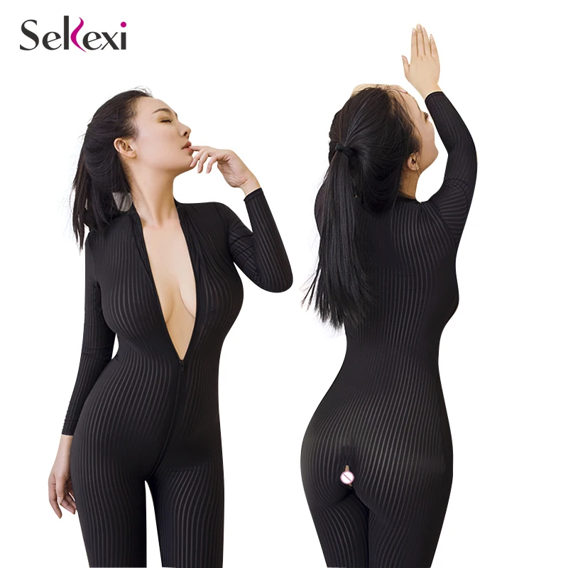 

Women Zipper Open Crotch Jumpsuit For Sex Vertical Stripes High Elastic Bodysuit Nightclub Sexy Lingerie Long Tights For Women