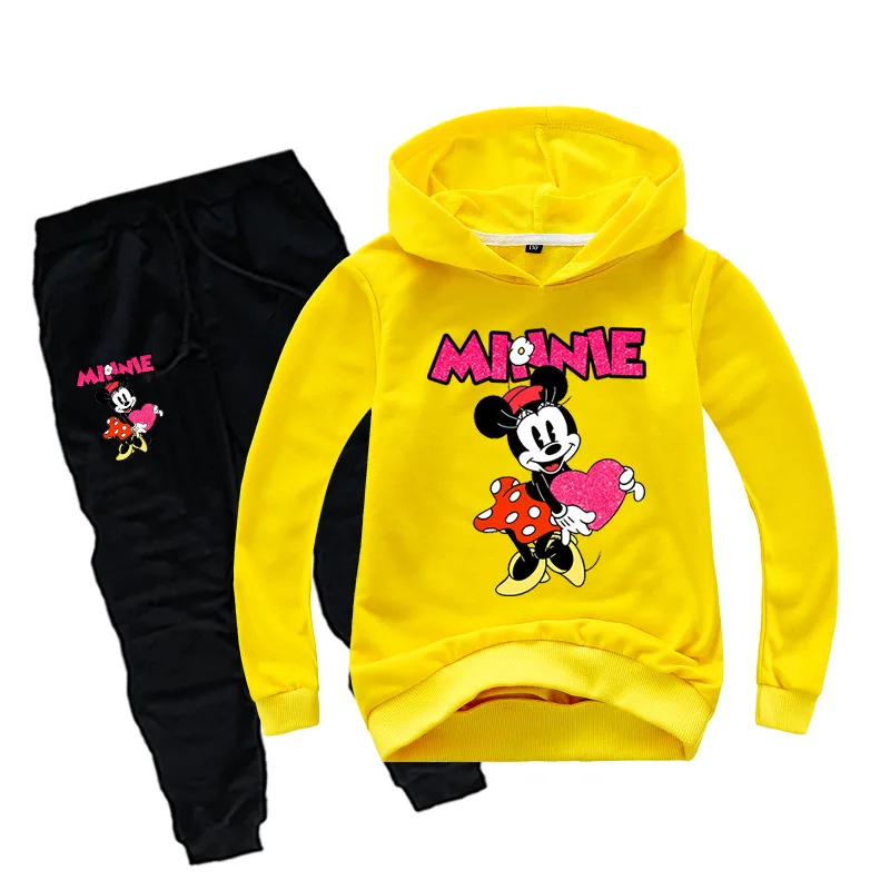 Yellow Minnie Комплект детской одежды с рисунком Микки и Минни, футболки для маленьких девочек, толстовки с капюшоном+ штаны костюмы из 2 предметов комплект для мальчиков, толстовки детская спортивная одежда - Цвет: Yellow Minnie