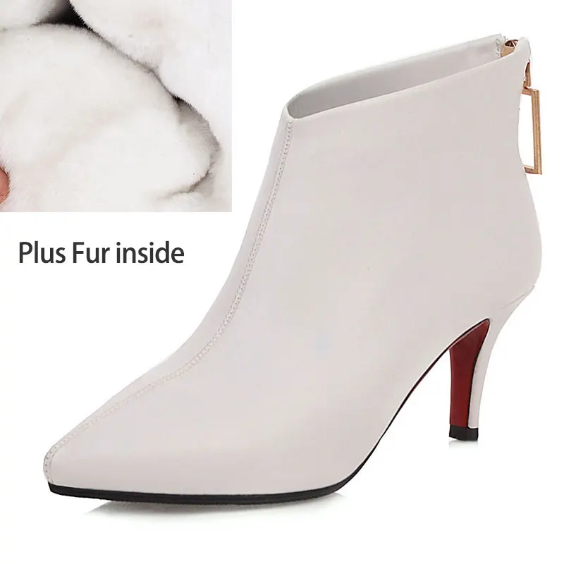 Plus Fur White Lasyarrow/ г. Вечерние женские офисные ботильоны на тонком каблуке Женская обувь осенне-зимняя обувь с острым носком женские ботинки размер 32-43 J1069 - Цвет: Plus Fur White