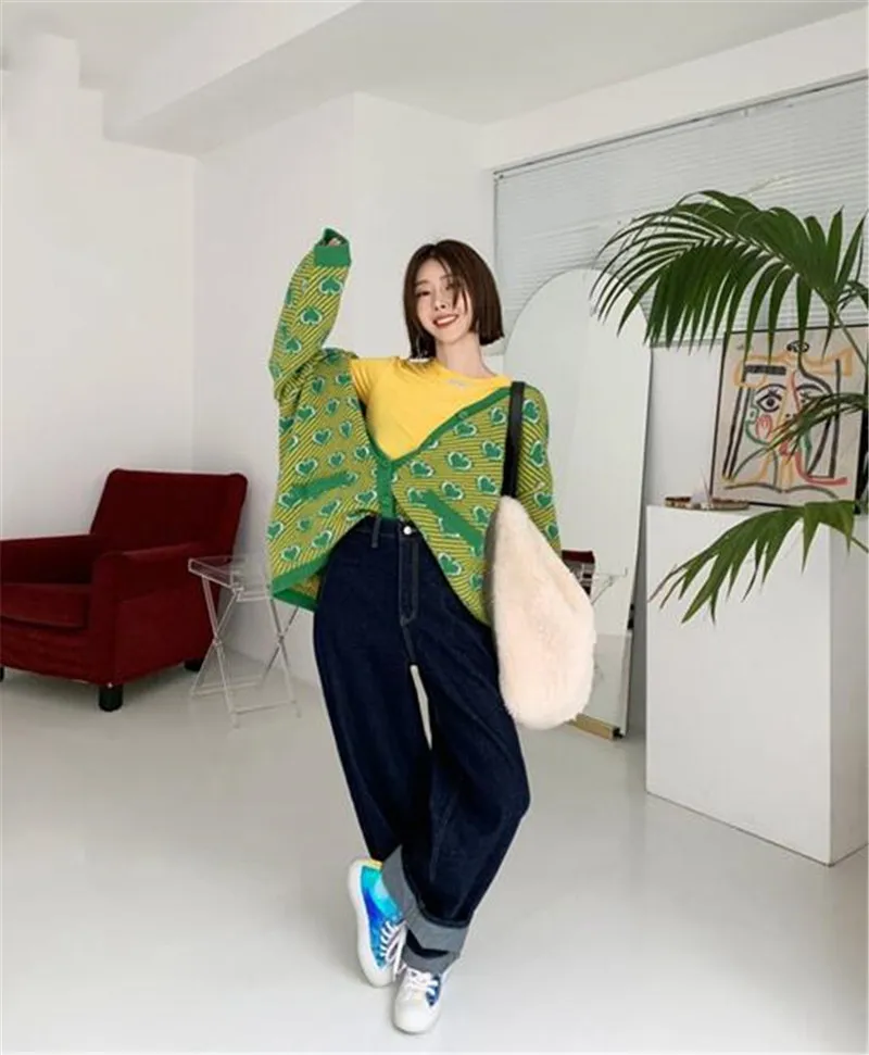 RUGOD Autumn Winter New Style Chic Love Pattern Plus Size Women V-neck Stripe Cardigan Fashion Kpop Clothes
