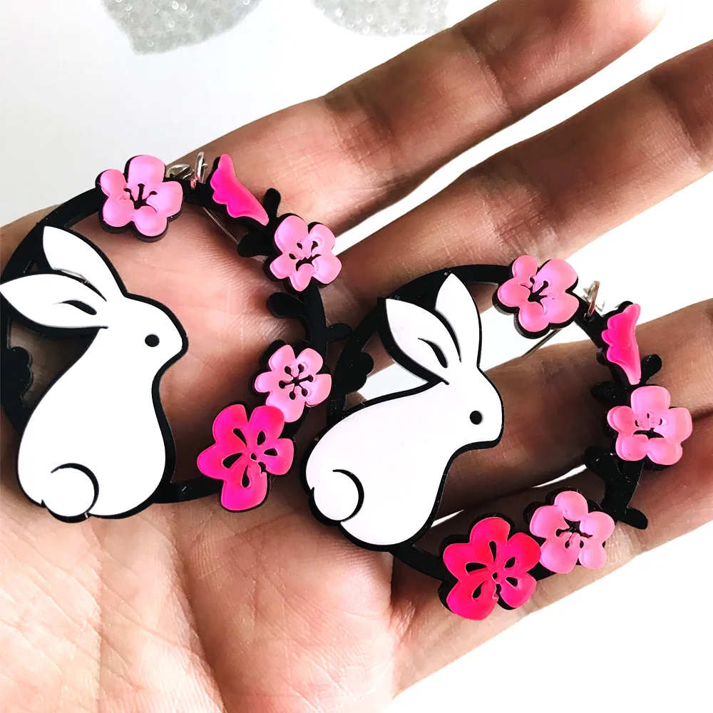 New Colorful Rabbit Sit On The Wreath Hollow Out Acrylic Drop Earrings Animal Flower Geometric Lovely Dangle for Female | Украшения и
