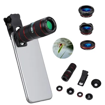 

5pcs Cell Phone Camera Lens Kit 12X Adjustable Telephoto Lens Wide Micro-Angle Fisheye Lenses For iOS Android Phone