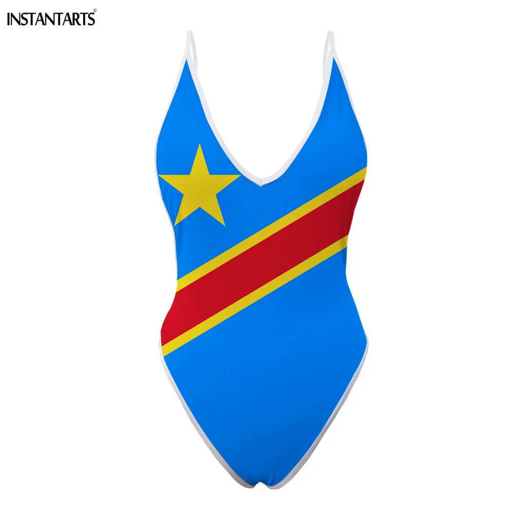 INSTANTARTS Республика Конго флаги женские цельные бикини летний пляжный купальник сексуальный глубокий v-образный вырез стринги с открытой спиной купальник