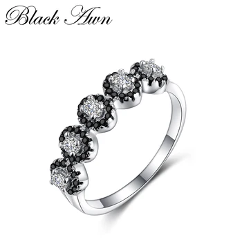 

[SODROV] Genuine 100% Sterling 925 Silver Jewelry Rings for Women Black&White 5 Stone Bague Bijoux C253