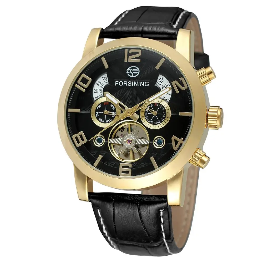 Forsining Tourbillon Мода волна черный золотой часы многофункциональный дисплей Мужские автоматические механические часы лучший бренд класса люкс - Цвет: gold black