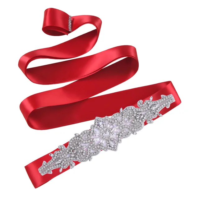 TOPQUEEN S26 Luxury Rhinestones Wedding Dresses Belt Women Crystal Belts for Bride Wedding Waistband Jewel Belts Bridal Sashes Wine Red ribbon