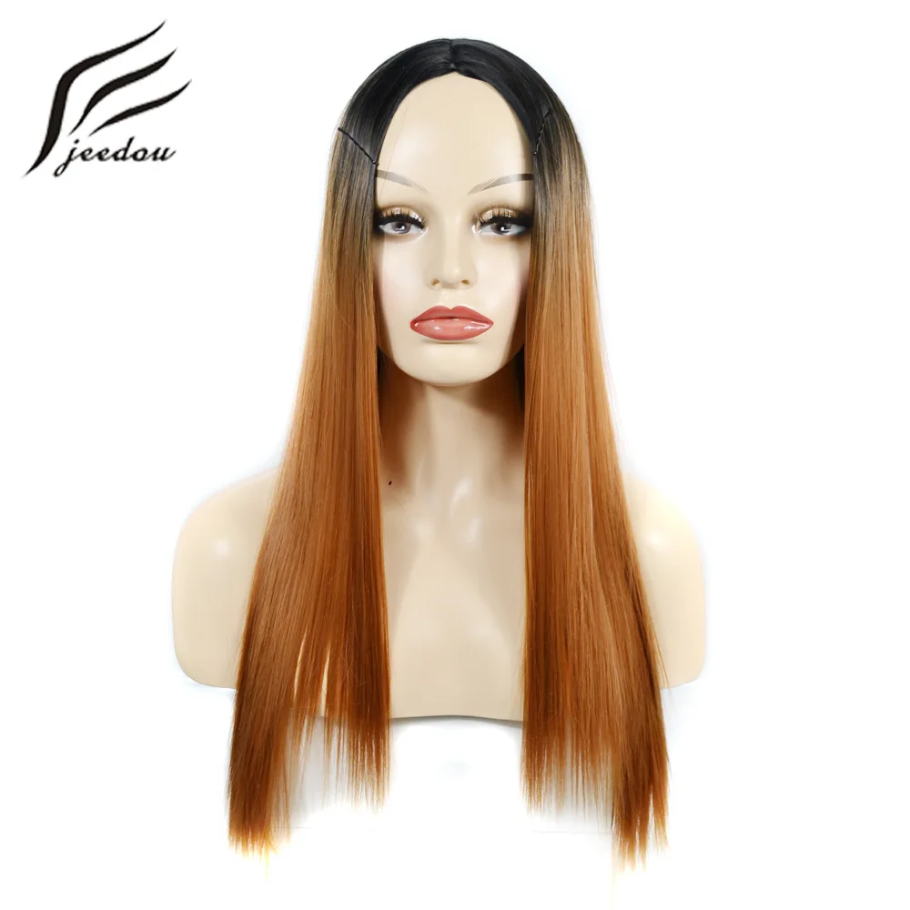 

jeedou Synthetic Long Straight Hair Wig Black Brown Purple Gradual Ombre Color Balayage Hair For Women Girl's Wigs