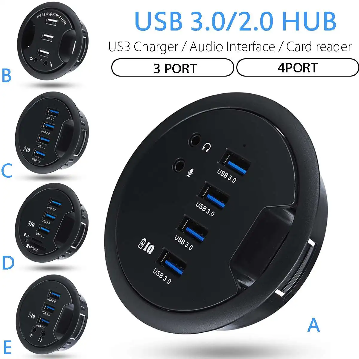 Hi-Speed Mount In Desk 3-Port USB 2.0 HUB Adapter External Stereo Sound Adapter 