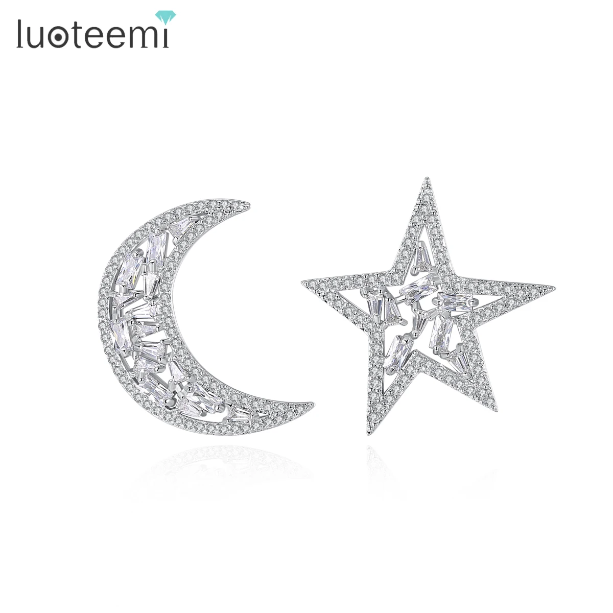LUOTEEMI Luxury Silver Tone Half Moon &amp Star Dazzling Clear CZ Stud Earrings for Women Fashion Jewellery Brincos Bijoux | Украшения и