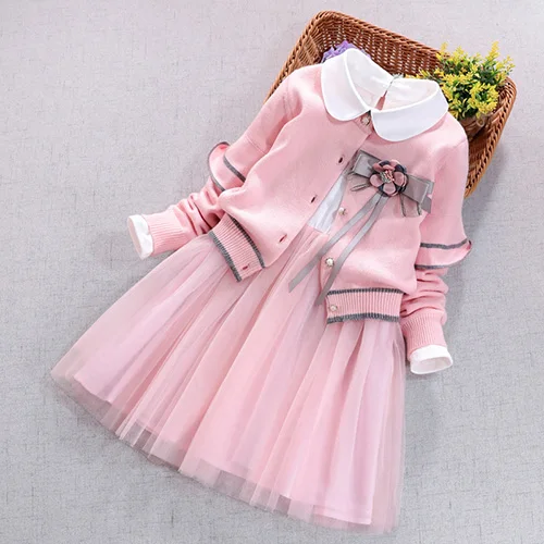 Pink Комплект одежды для детей на весну, осень и зиму, кардиган с длинными рукавами для девочек, свитер, пальто+ платье, костюм из 2 предметов для девочек 3, 5, 9, 11 лет - Цвет: Pink