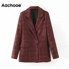 Винтажный двубортный Блейзер, женское клетчатое пальто, зимнее теплое офисное Женское пальто, верхняя одежда с длинным рукавом, женская одежда