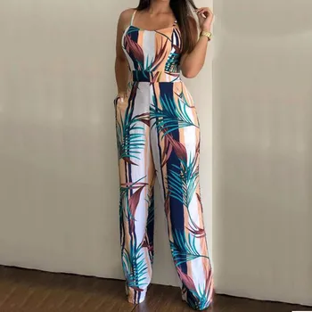 

Summer Jumpsuits Rompers Women Sleeveless Leaf Print Jumpsuit Casual Clubwear Wide Leg Playsuit Combinaison Femme Kombinezon