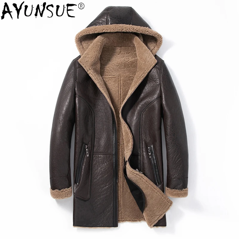 

AYUNSUE Genuine Sheep Shearling Jacket Men Hooded Parka Real Sheepskin Leather Jackets Winter Coat Thick Clothes Veste LXR783